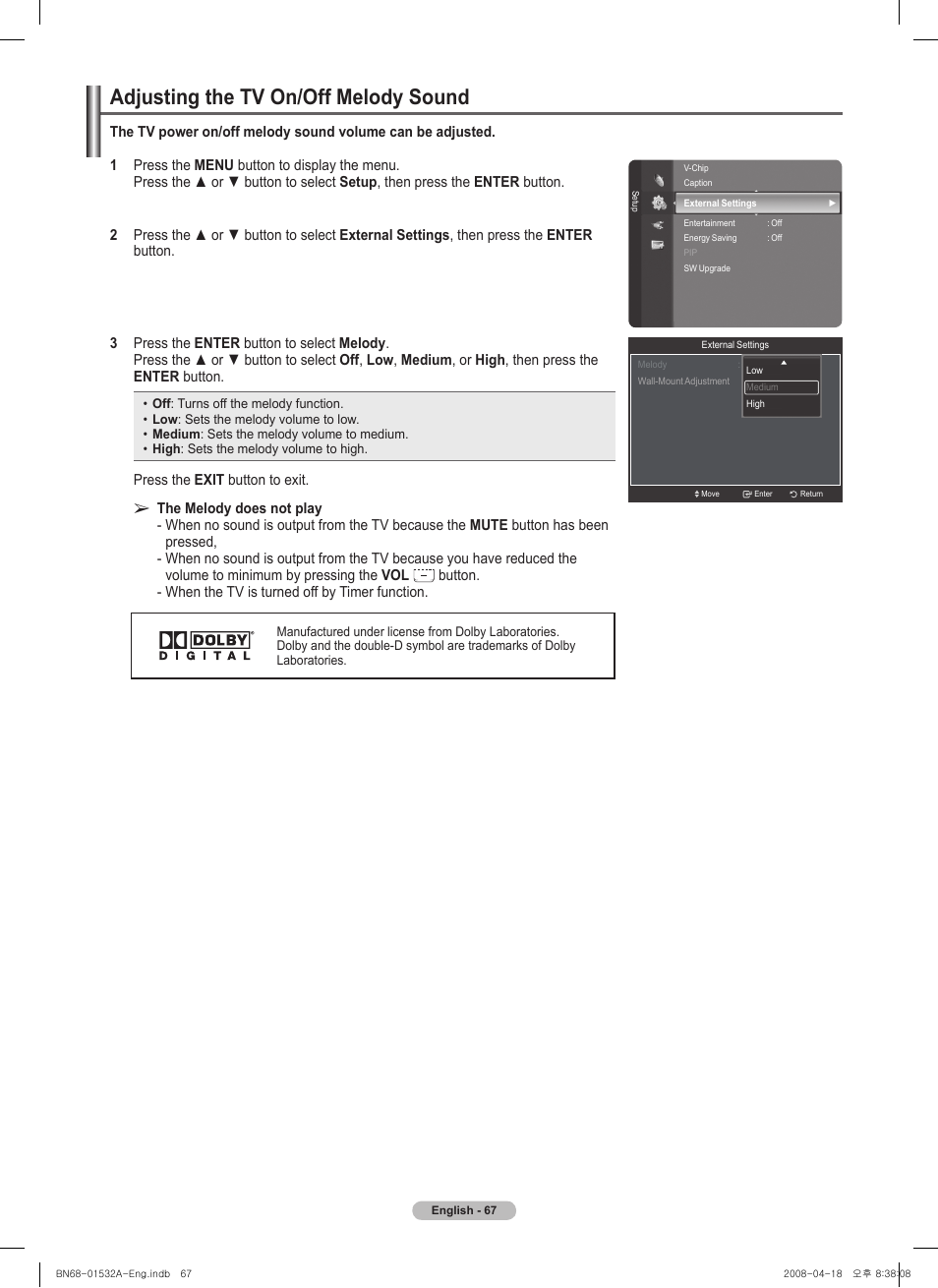 Adjusting the tv on/off melody sound | Samsung PN50A650T1FXZA User Manual | Page 67 / 232