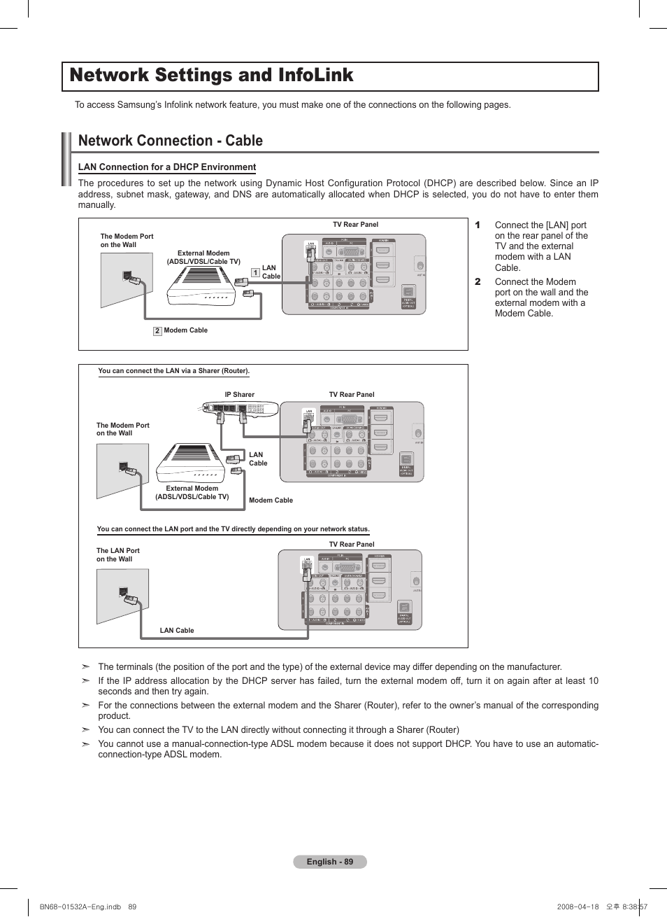 Network settings and infolink, Network connection - cable | Samsung PN50A650T1FXZA User Manual | Page 89 / 232