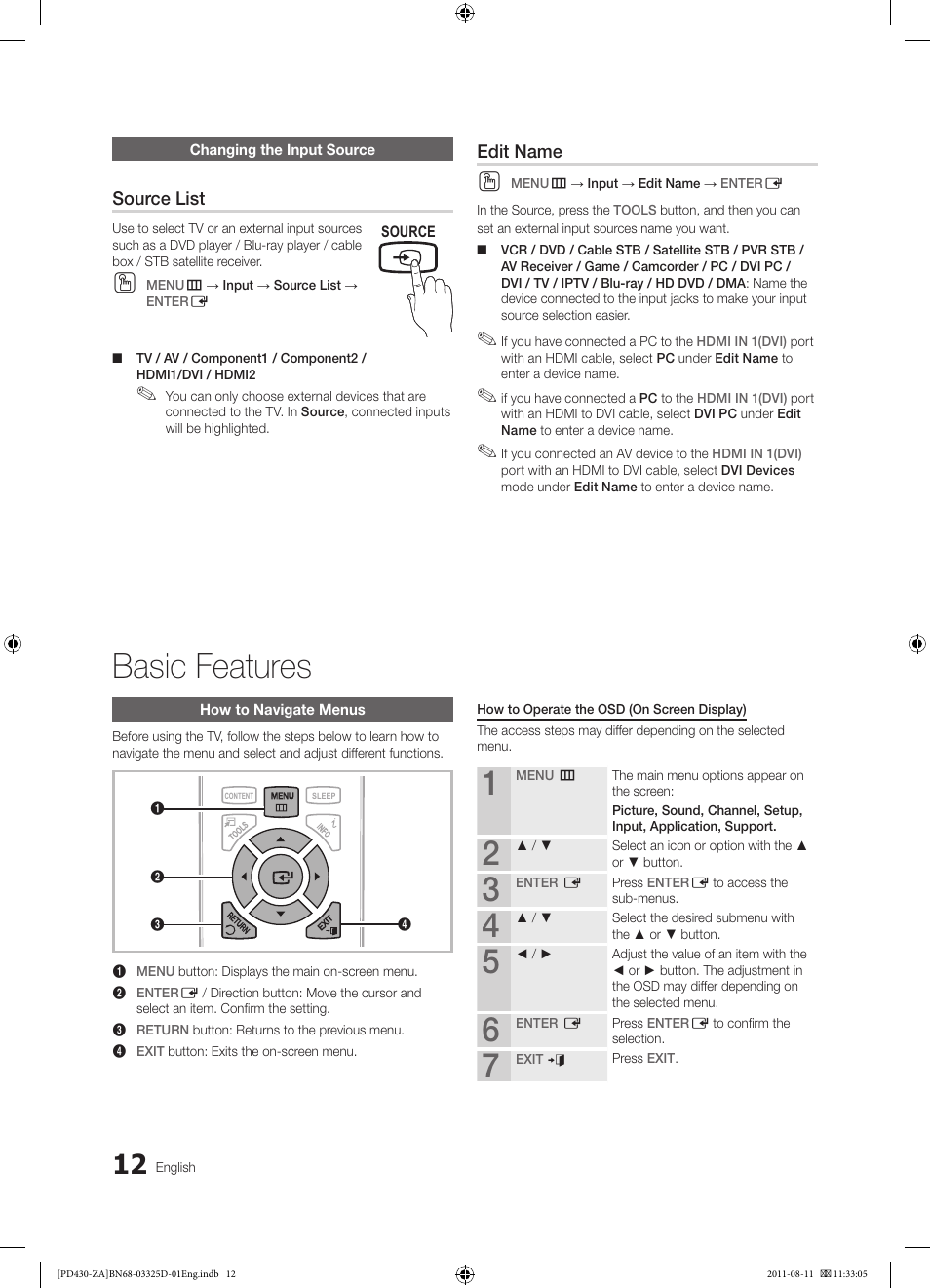 Basic features, Source list, Edit name | Samsung PN51D440A5DXZA User Manual | Page 12 / 40