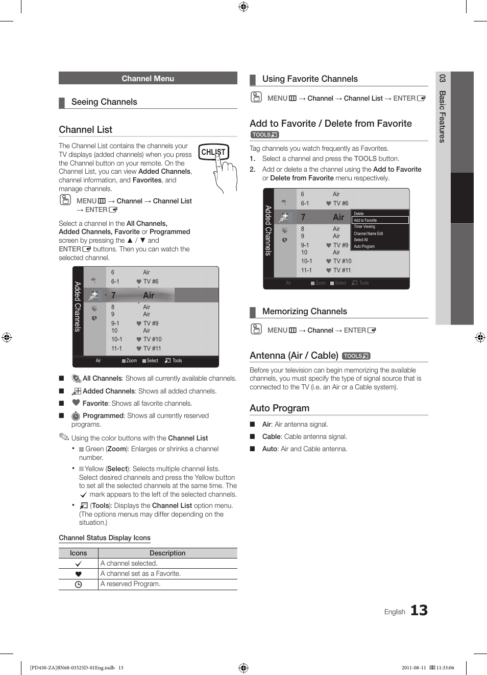 Channel list, Add to favorite / delete from favorite, Antenna (air / cable) | Auto program | Samsung PN51D440A5DXZA User Manual | Page 13 / 40