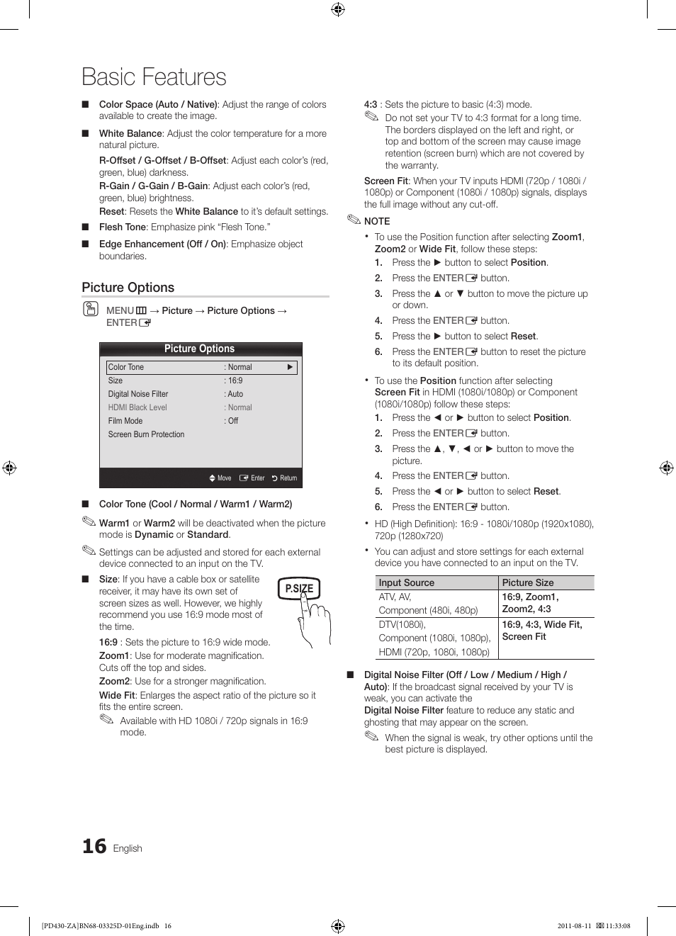 Basic features, Picture options | Samsung PN51D440A5DXZA User Manual | Page 16 / 40