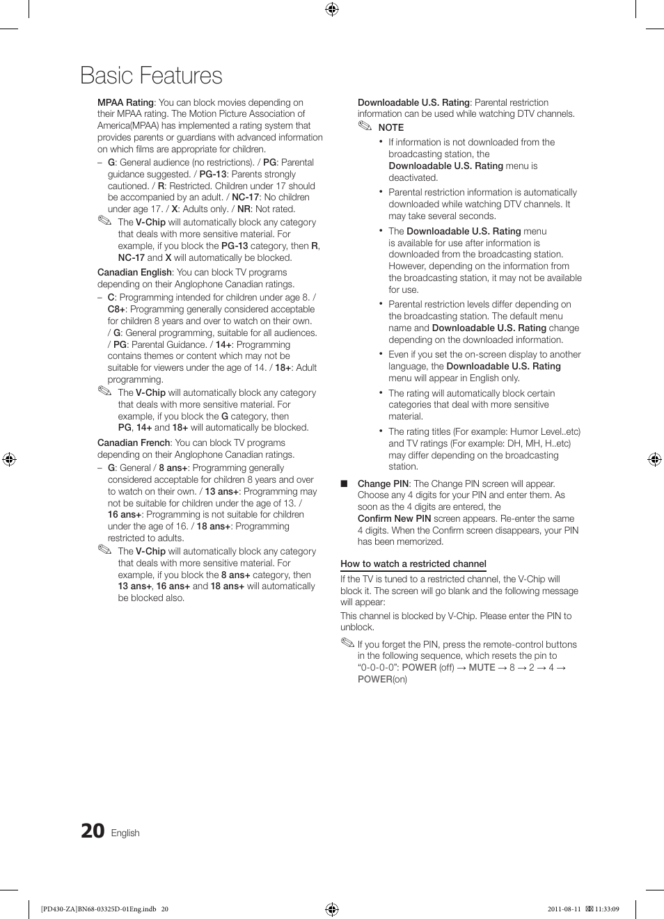 Basic features | Samsung PN51D440A5DXZA User Manual | Page 20 / 40