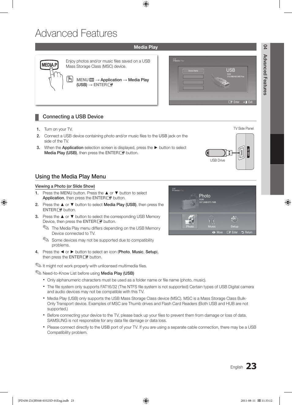 Advanced features, Using the media play menu, Connecting a usb device | Media.p, 04 advanced featur es, Media play, Photo, Music | Samsung PN51D440A5DXZA User Manual | Page 23 / 40