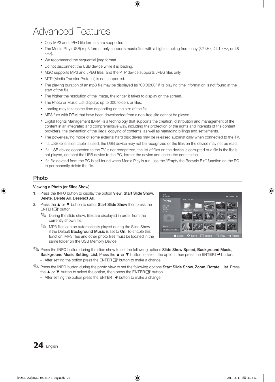 Advanced features, Photo | Samsung PN51D440A5DXZA User Manual | Page 24 / 40