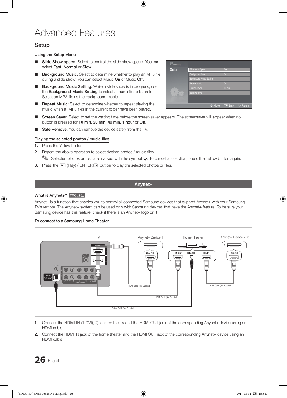 Advanced features, Setup, Anynet | Photo, Music, English, What is anynet | Samsung PN51D440A5DXZA User Manual | Page 26 / 40