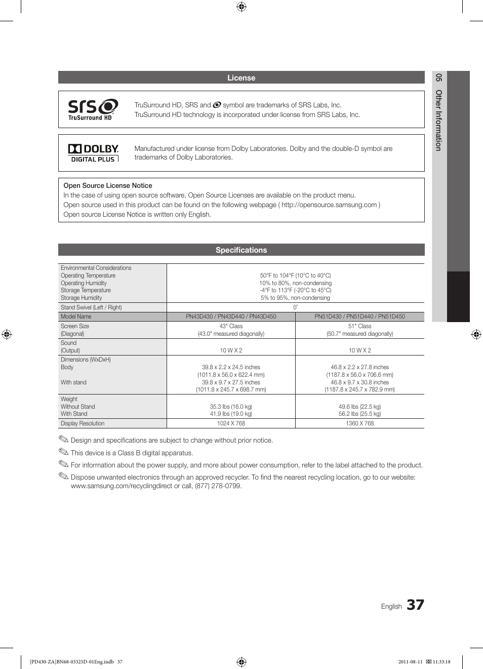 Samsung PN51D440A5DXZA User Manual | Page 37 / 40