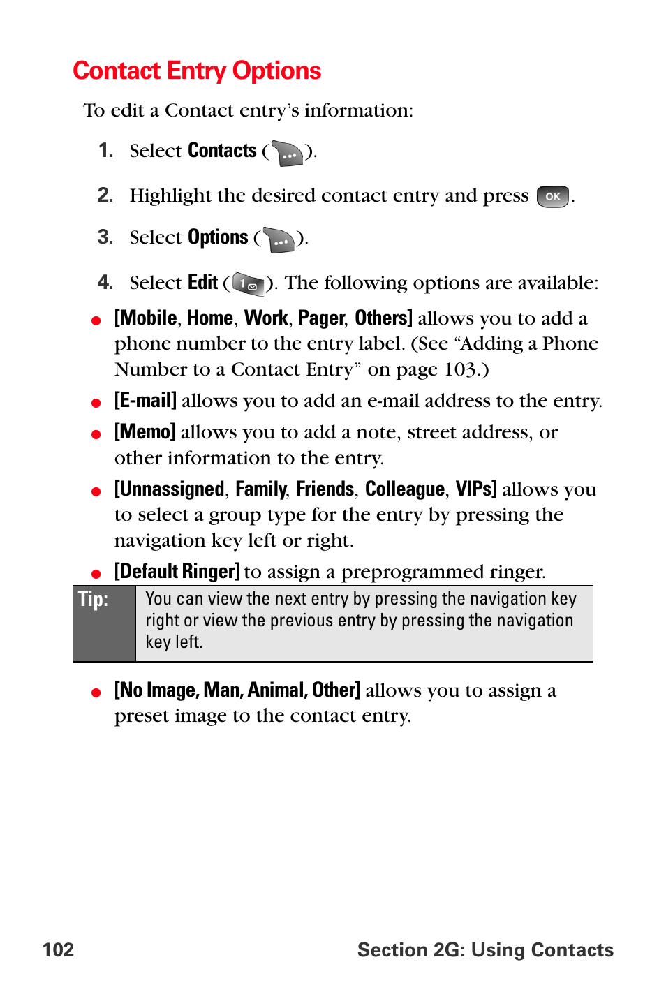 Contact entry options | Samsung SPH-A560ABSXAR User Manual | Page 112 / 189