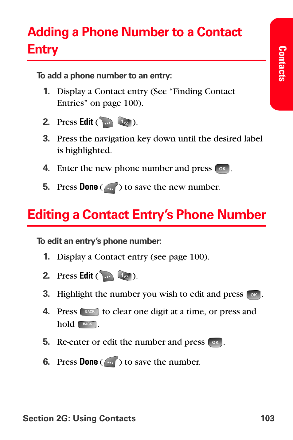 Adding a phone number to a contact entry, Editing a contact entry’s phone number | Samsung SPH-A560ABSXAR User Manual | Page 113 / 189