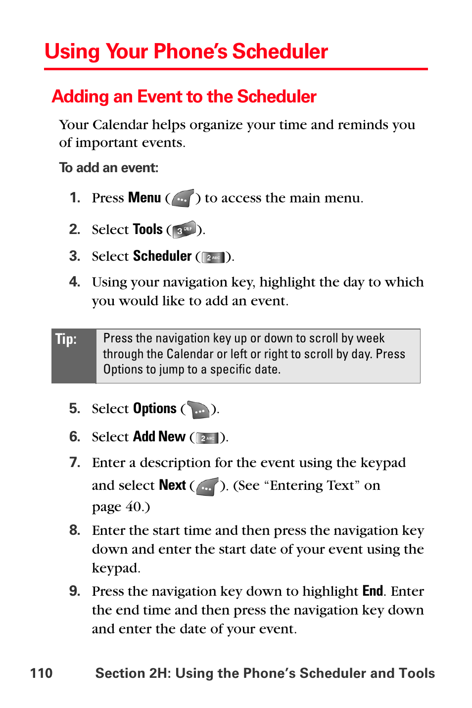 Using your phone’s scheduler, Adding an event to the scheduler | Samsung SPH-A560ABSXAR User Manual | Page 120 / 189