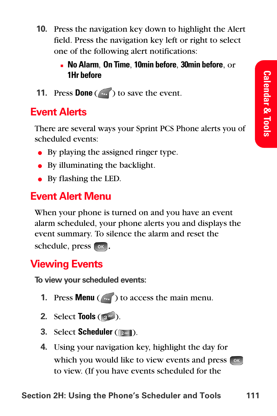 Event alerts, Event alert menu, Viewing events | Samsung SPH-A560ABSXAR User Manual | Page 121 / 189