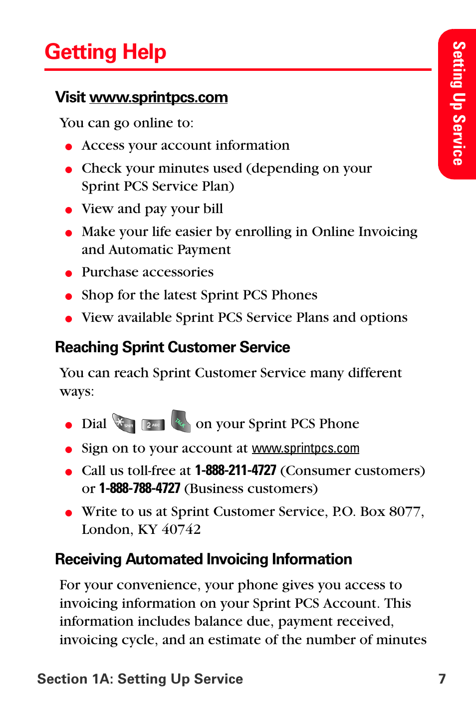 Getting help, Se tti ng up s e rv ice, Reaching sprint customer service | Receiving automated invoicing information | Samsung SPH-A560ABSXAR User Manual | Page 17 / 189