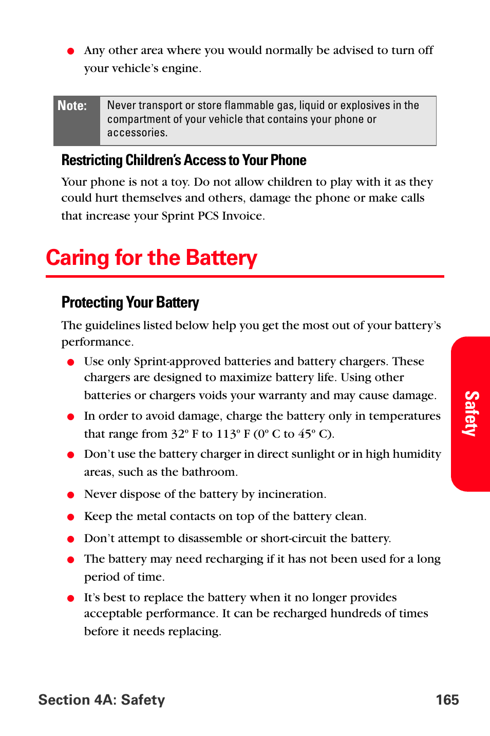 Caring for the battery, Safety, Protecting your battery | Restricting children’s access to your phone | Samsung SPH-A560ABSXAR User Manual | Page 175 / 189