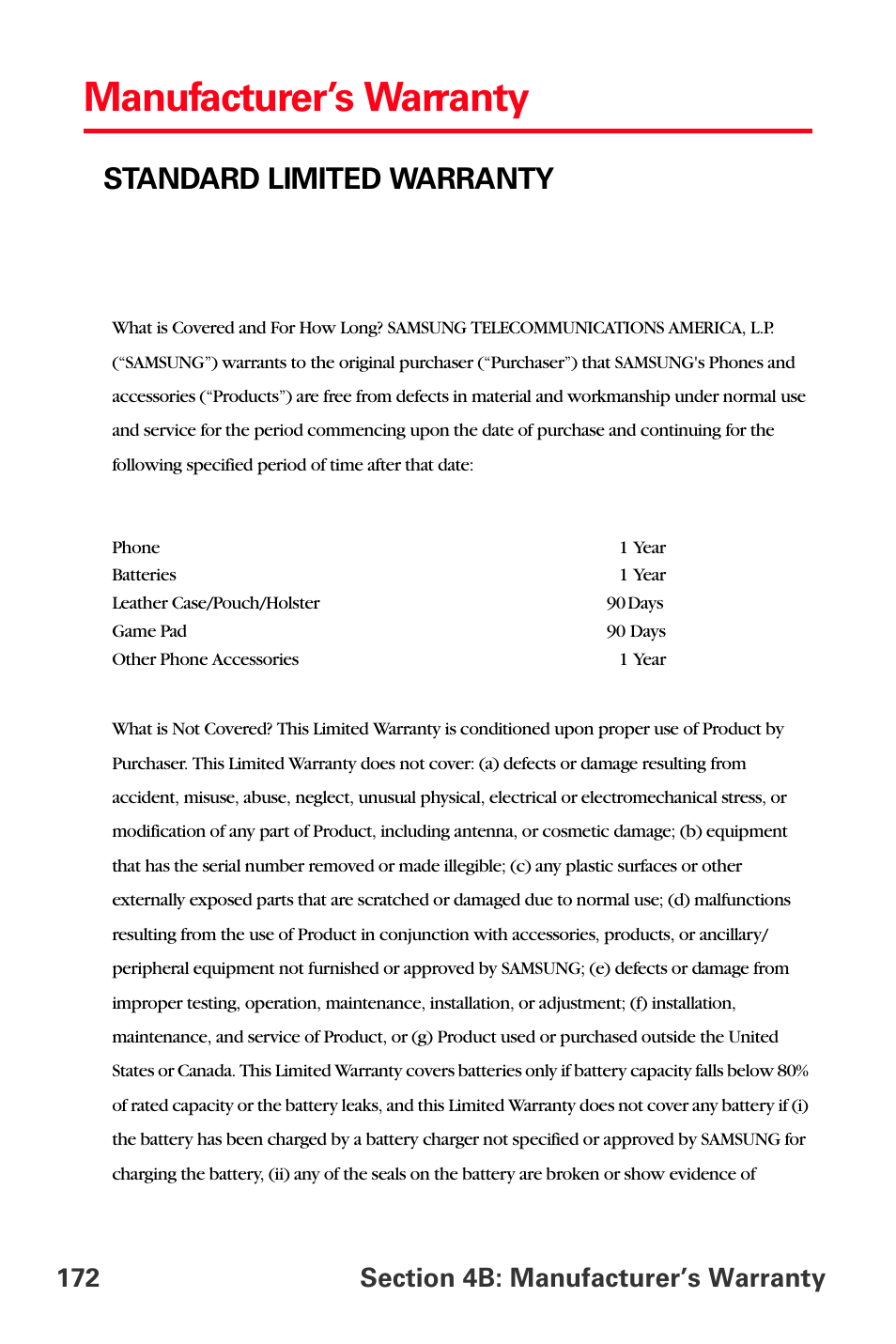 Manufacturer’s warranty, Standard limited warranty | Samsung SPH-A560ABSXAR User Manual | Page 182 / 189