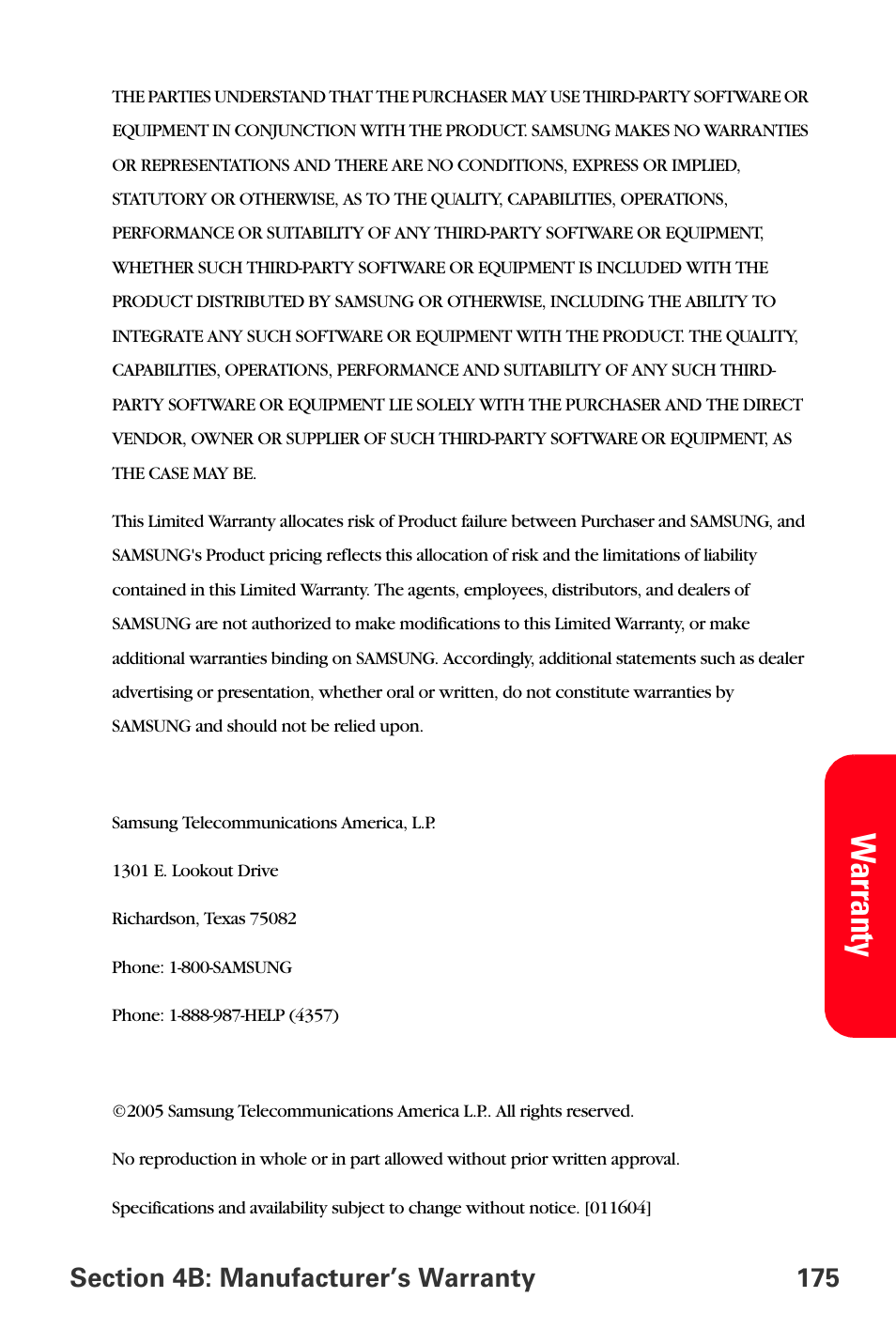 Wa rranty | Samsung SPH-A560ABSXAR User Manual | Page 185 / 189