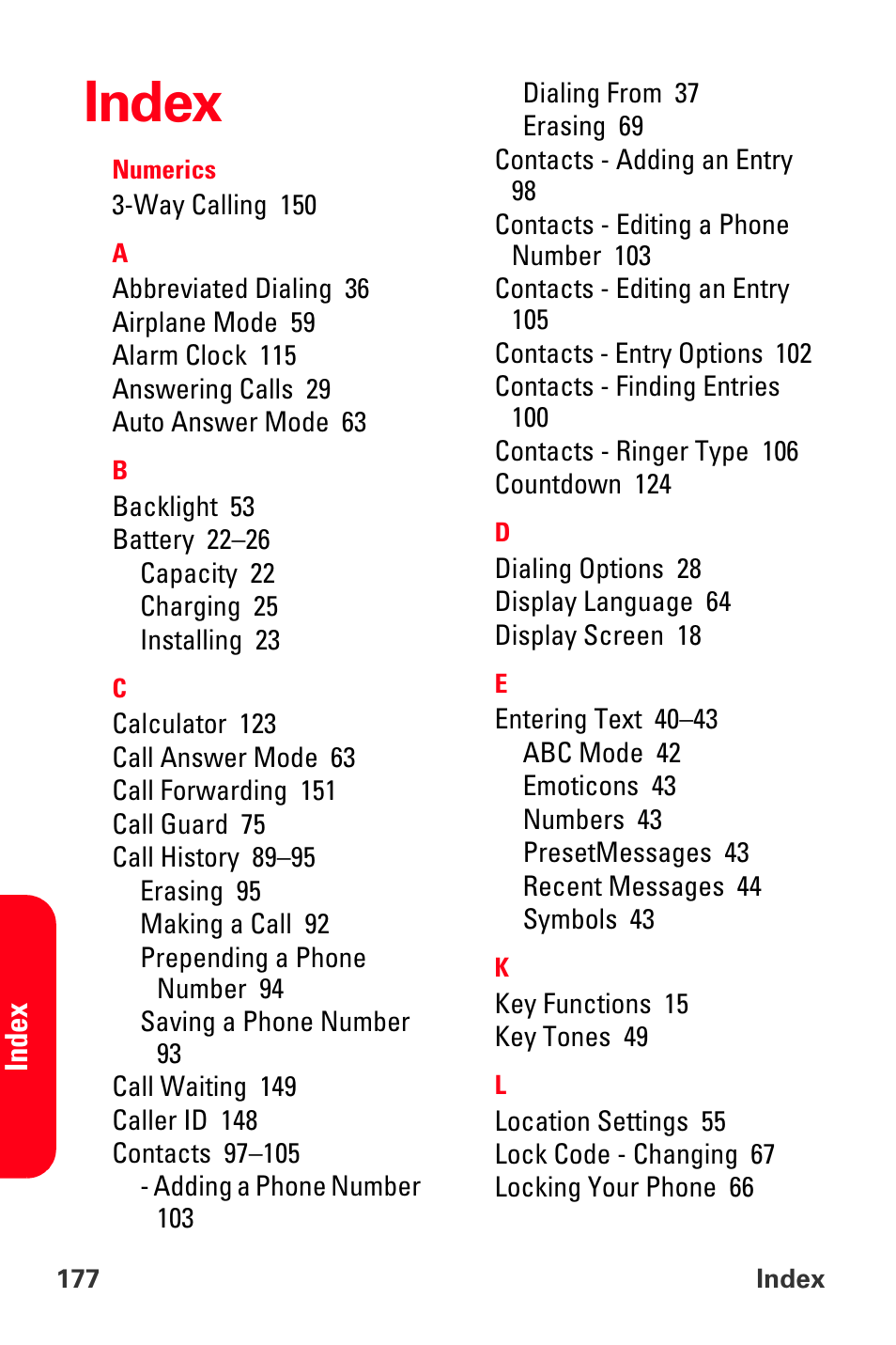 Index | Samsung SPH-A560ABSXAR User Manual | Page 187 / 189