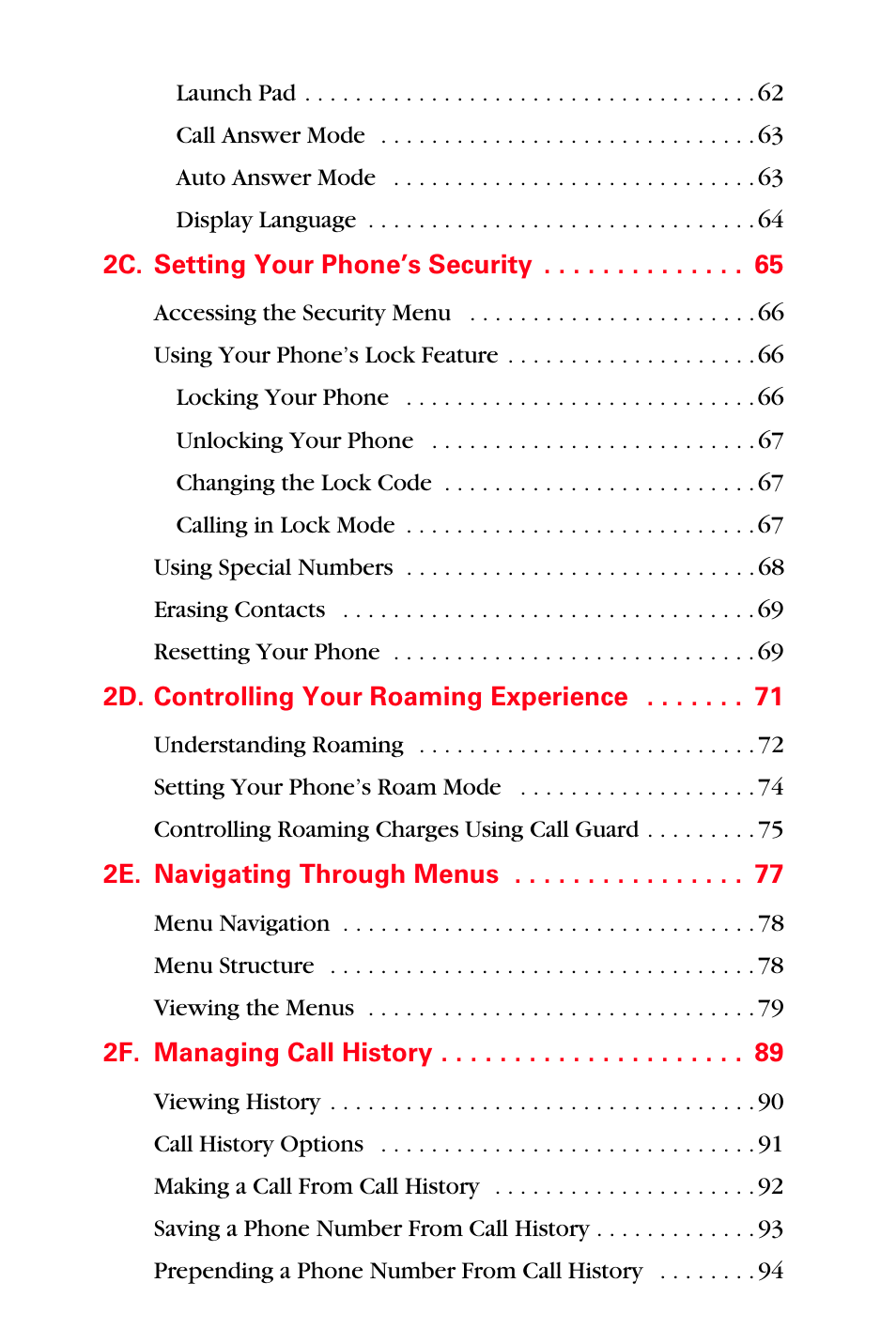 2c. setting your phone’s security 65, 2d. controlling your roaming experience 71, 2e. navigating through menus 77 | 2f. managing call history 89 | Samsung SPH-A560ABSXAR User Manual | Page 5 / 189