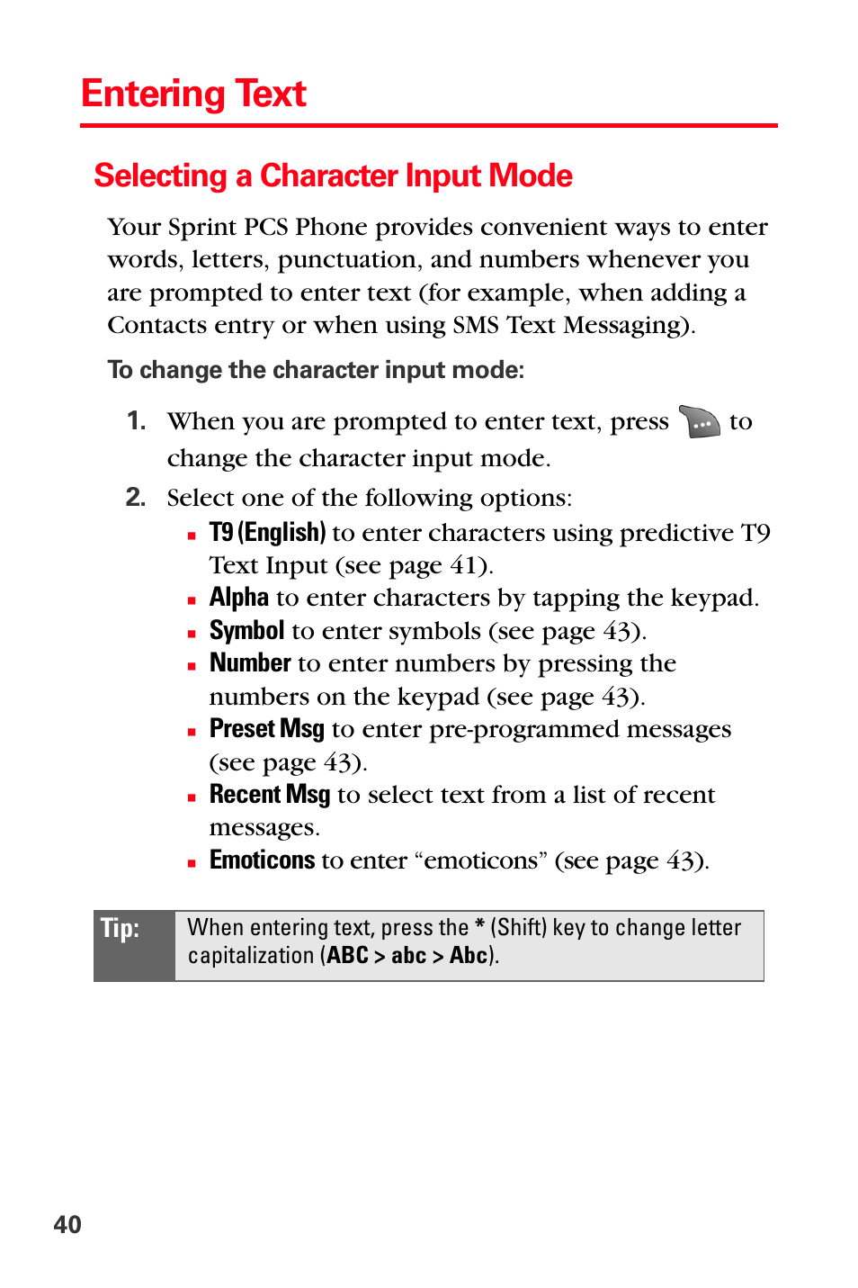 Entering text, Selecting a character input mode | Samsung SPH-A560ABSXAR User Manual | Page 50 / 189