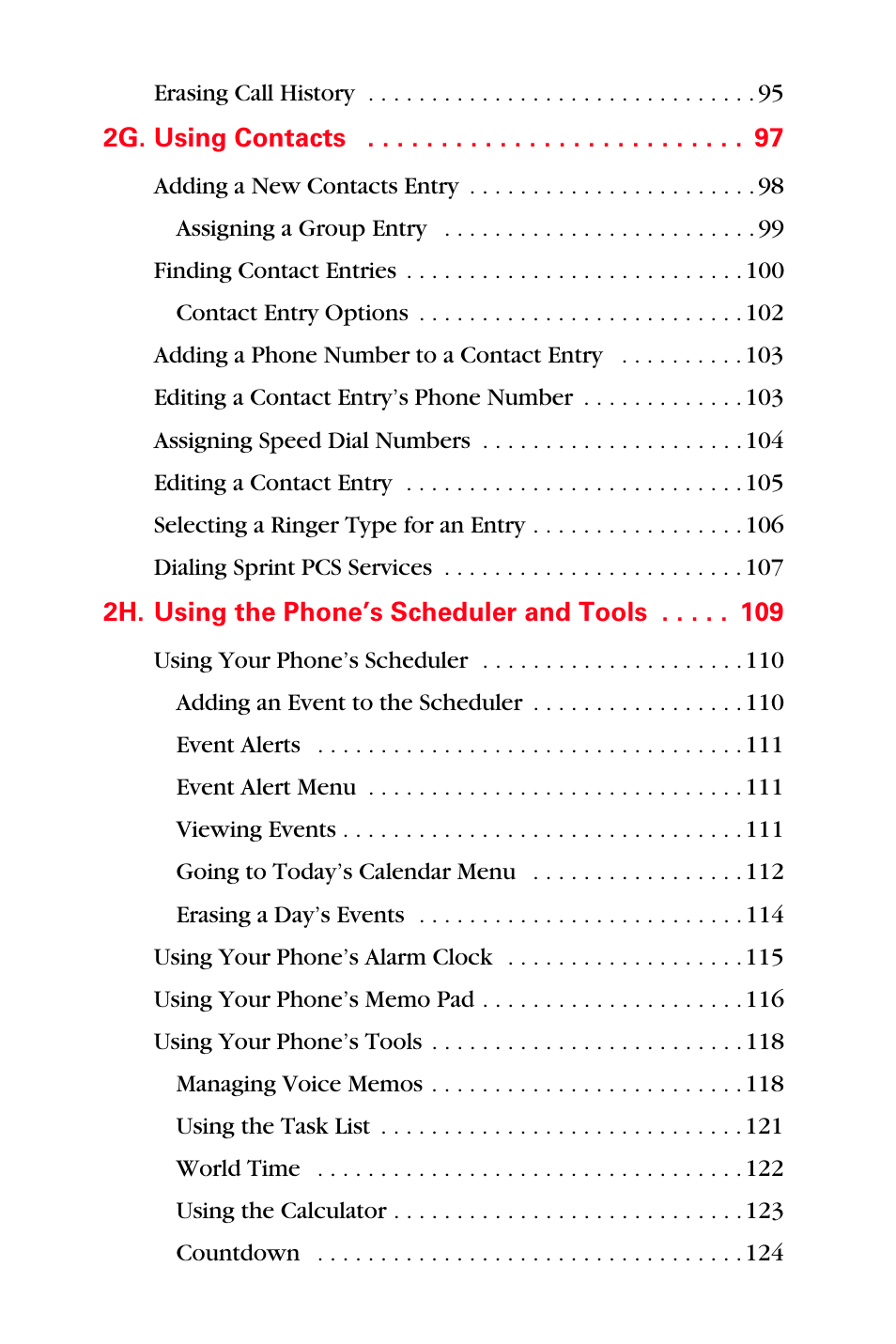 2g. using contacts 97, 2h. using the phone’s scheduler and tools 109 | Samsung SPH-A560ABSXAR User Manual | Page 6 / 189