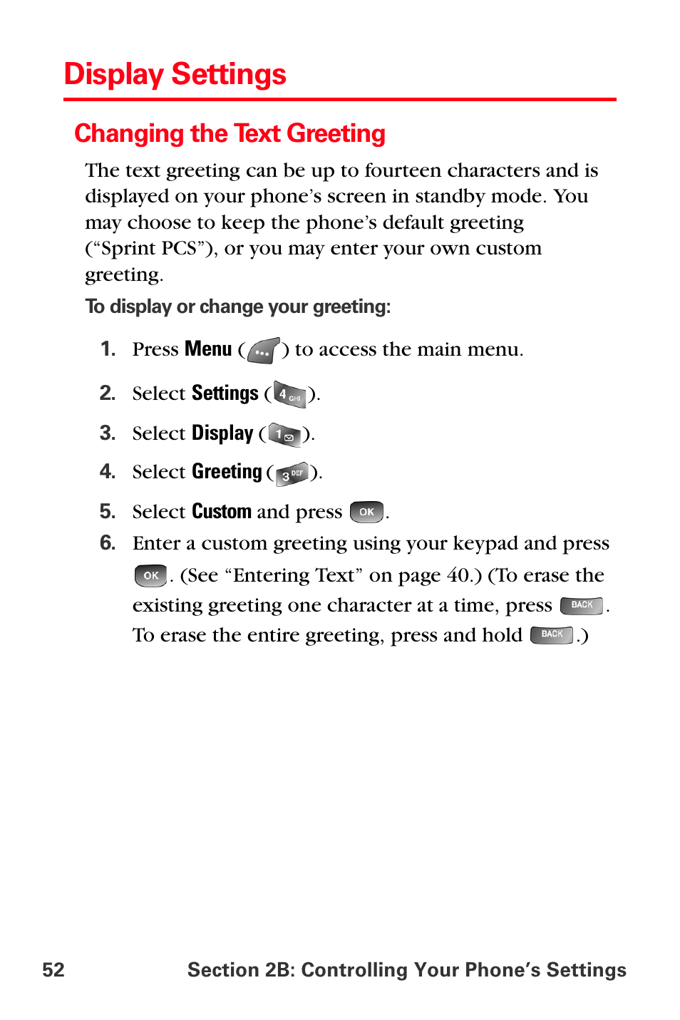 Display settings, Changing the text greeting | Samsung SPH-A560ABSXAR User Manual | Page 62 / 189