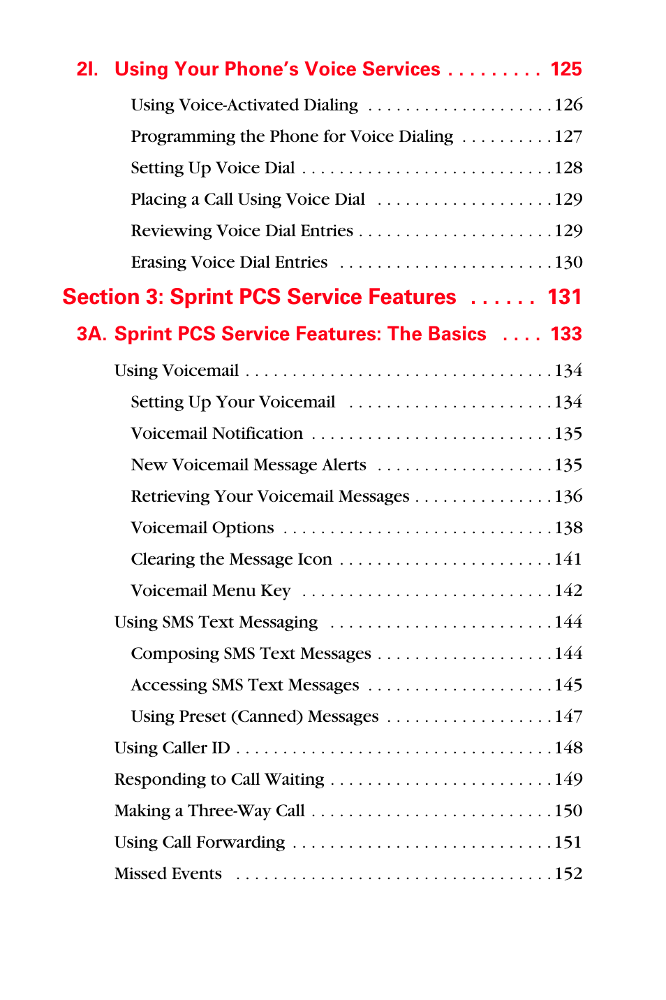 2i. using your phone’s voice services 125, Section 3: sprint pcs service features 131, 3a. sprint pcs service features: the basics 133 | Samsung SPH-A560ABSXAR User Manual | Page 7 / 189