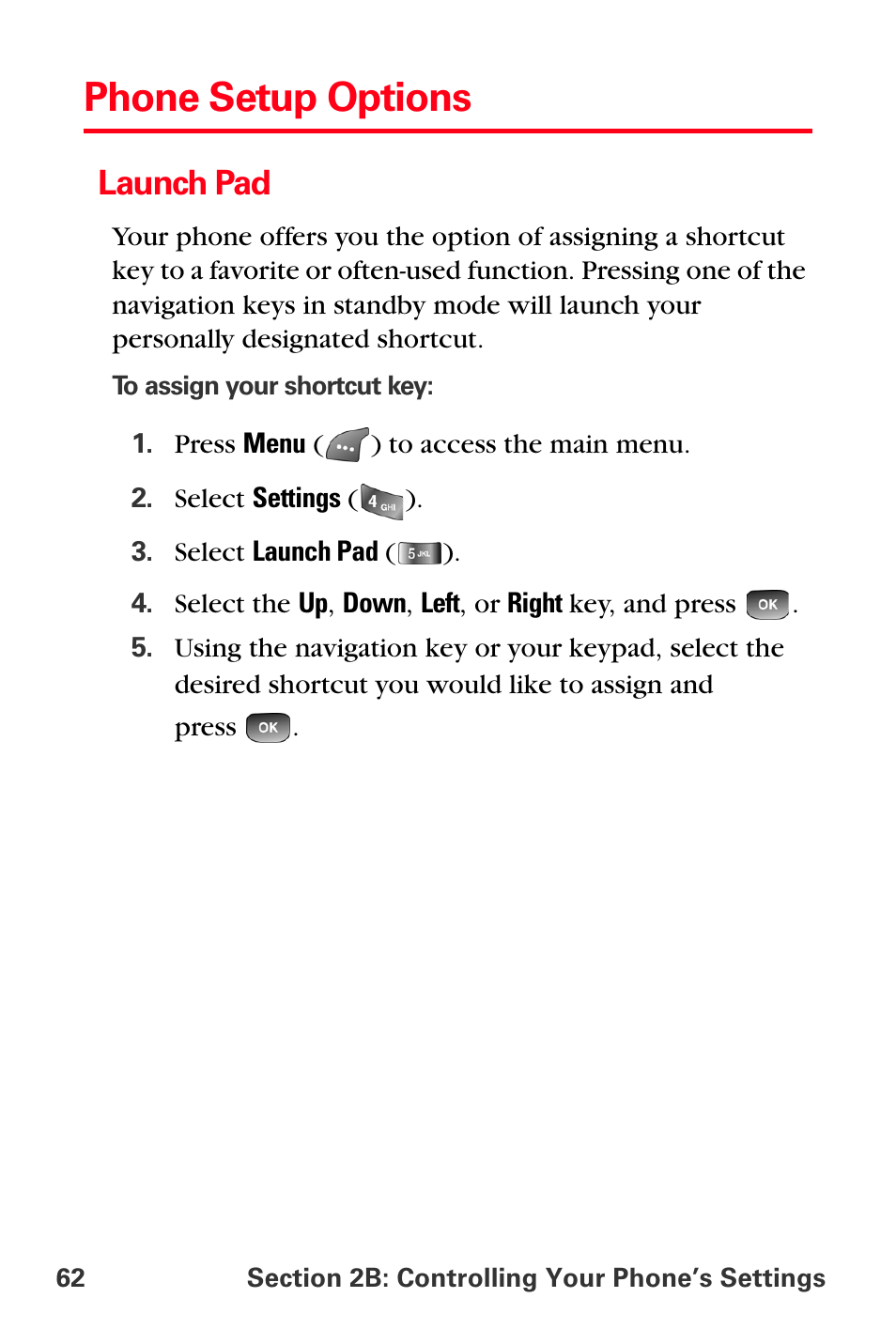 Phone setup options, Launch pad | Samsung SPH-A560ABSXAR User Manual | Page 72 / 189