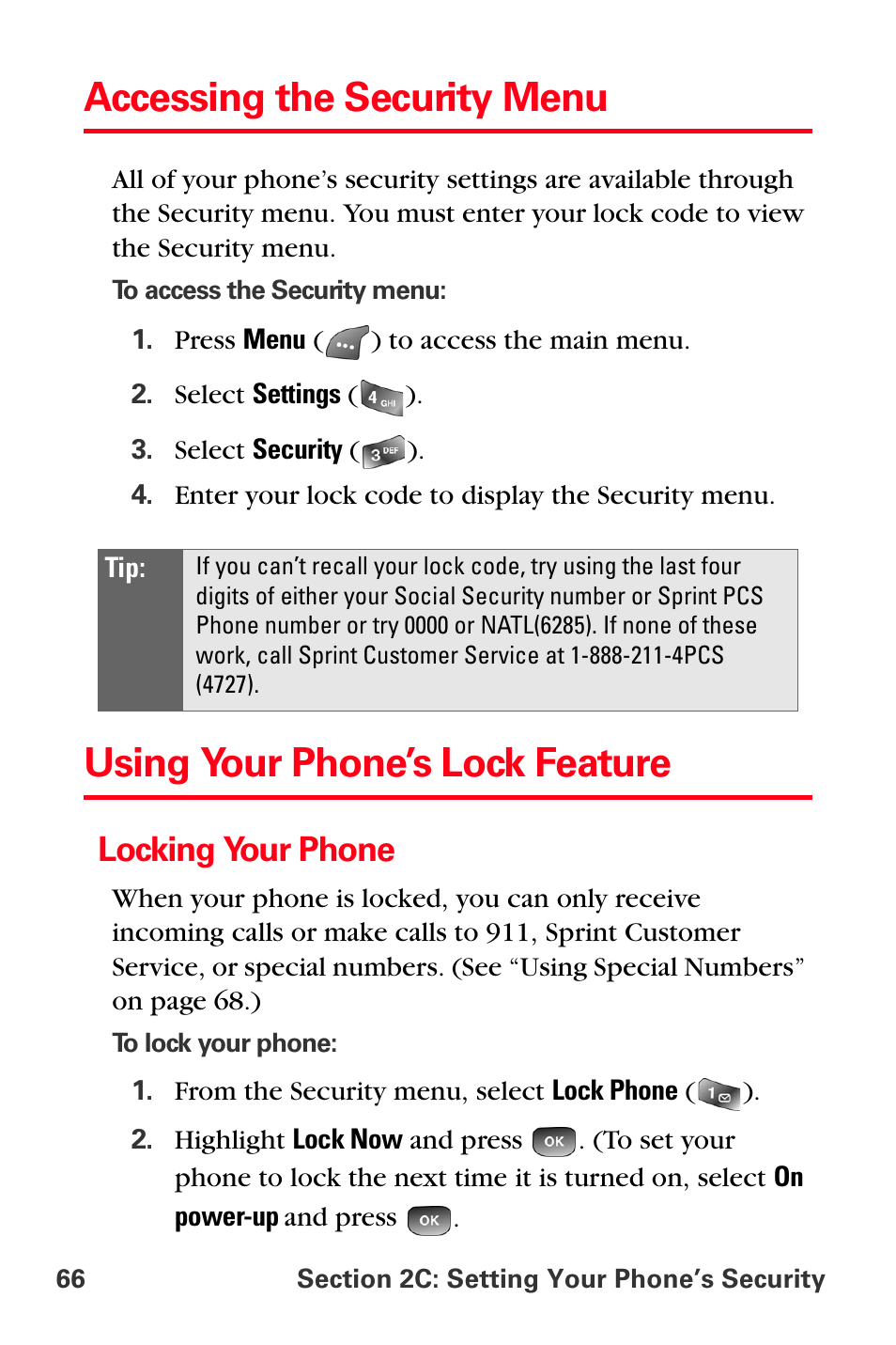 Accessing the security menu, Using your phone’s lock feature, Locking your phone | Samsung SPH-A560ABSXAR User Manual | Page 76 / 189