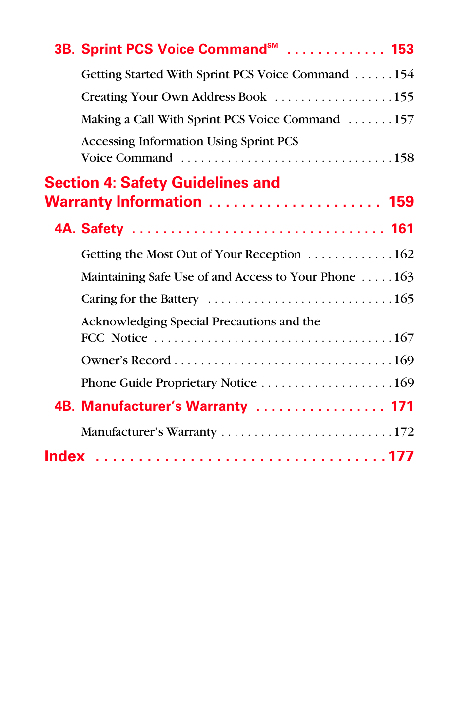 3b. sprint pcs voice commandsm 153, 4a. safety 161, 4b. manufacturer’s warranty 171 | Index | Samsung SPH-A560ABSXAR User Manual | Page 8 / 189