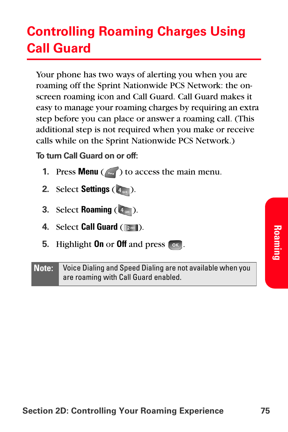 Controlling roaming charges using call guard | Samsung SPH-A560ABSXAR User Manual | Page 85 / 189