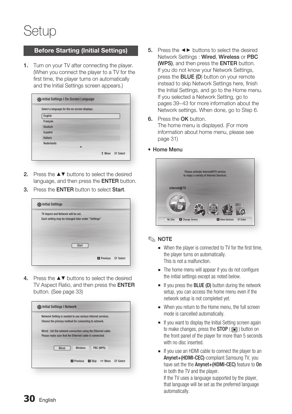 Setup, Before starting (initial settings) | Samsung BD-C6800-XAA User Manual | Page 30 / 74
