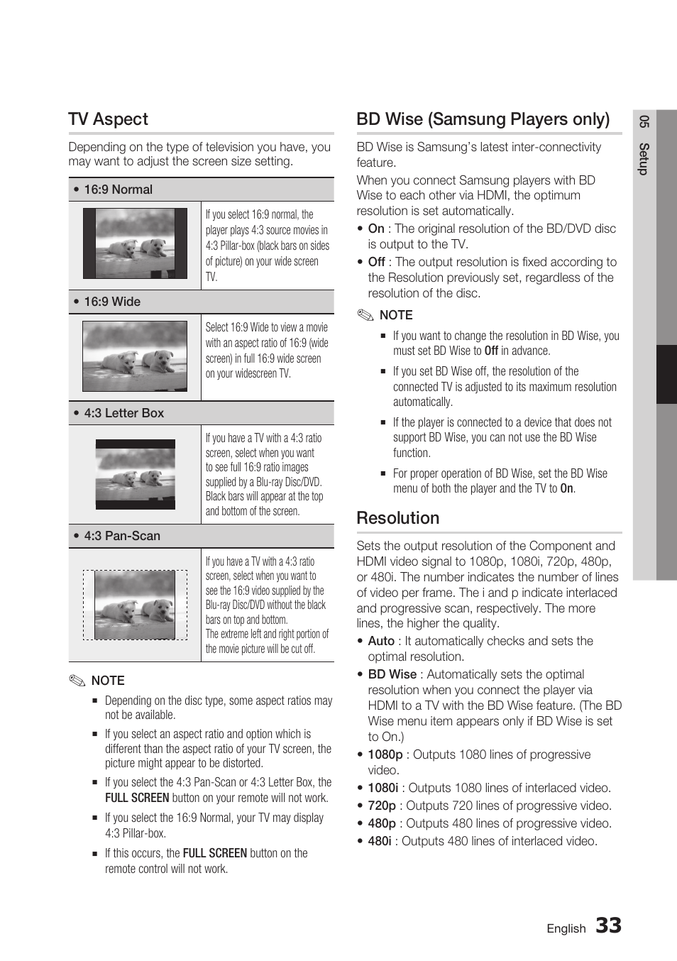 Tv aspect, Bd wise (samsung players only), Resolution | Samsung BD-C6800-XAA User Manual | Page 33 / 74