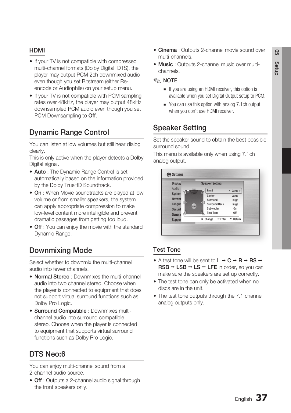 Dynamic range control, Downmixing mode, Dts neo:6 | Speaker setting | Samsung BD-C6800-XAA User Manual | Page 37 / 74