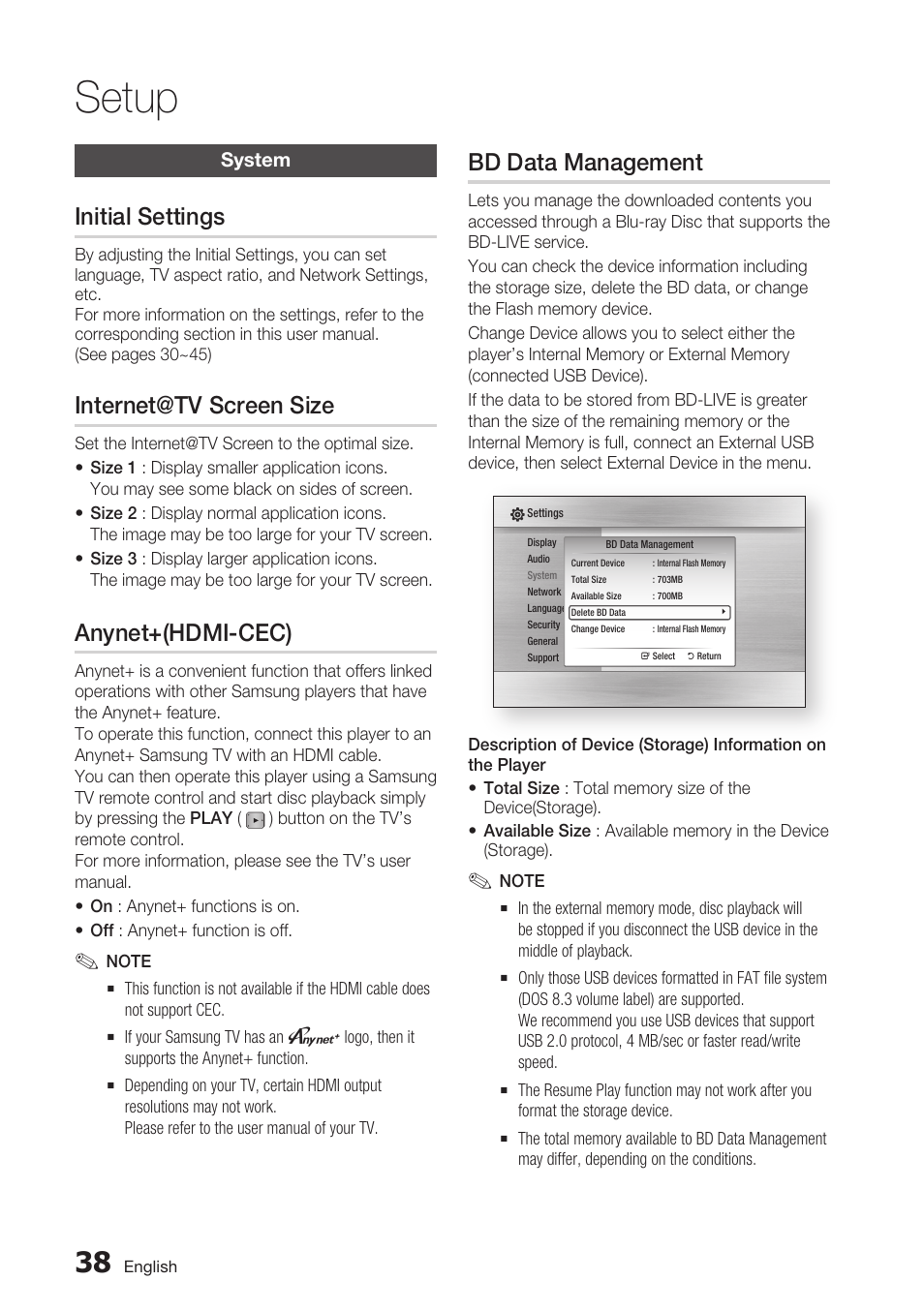System, Initial settings, Internet@tv screen size | Anynet+(hdmi-cec), Bd data management, Setup | Samsung BD-C6800-XAA User Manual | Page 38 / 74