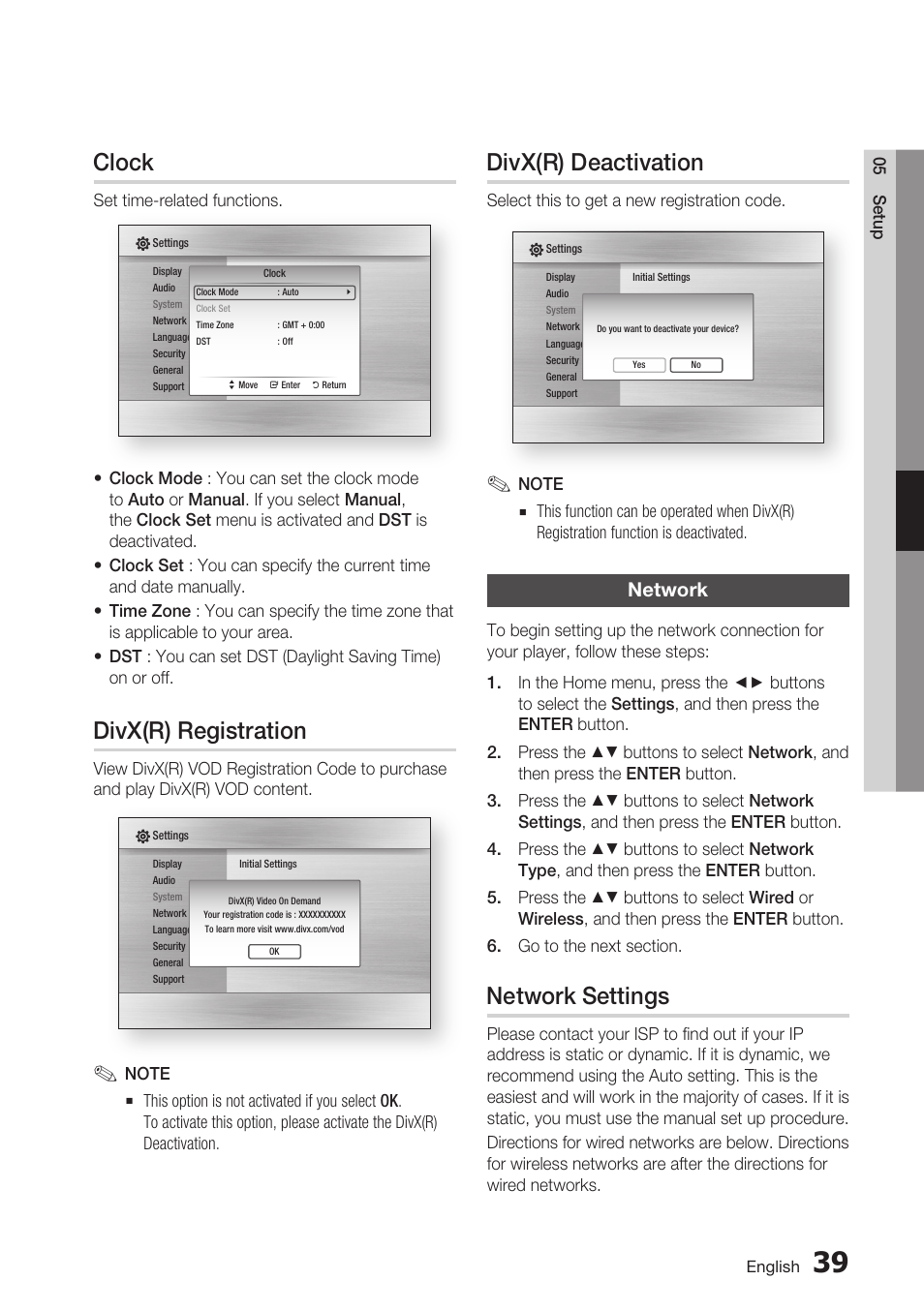 Clock, Divx(r) registration, Divx(r) deactivation | Network, Network settings | Samsung BD-C6800-XAA User Manual | Page 39 / 74