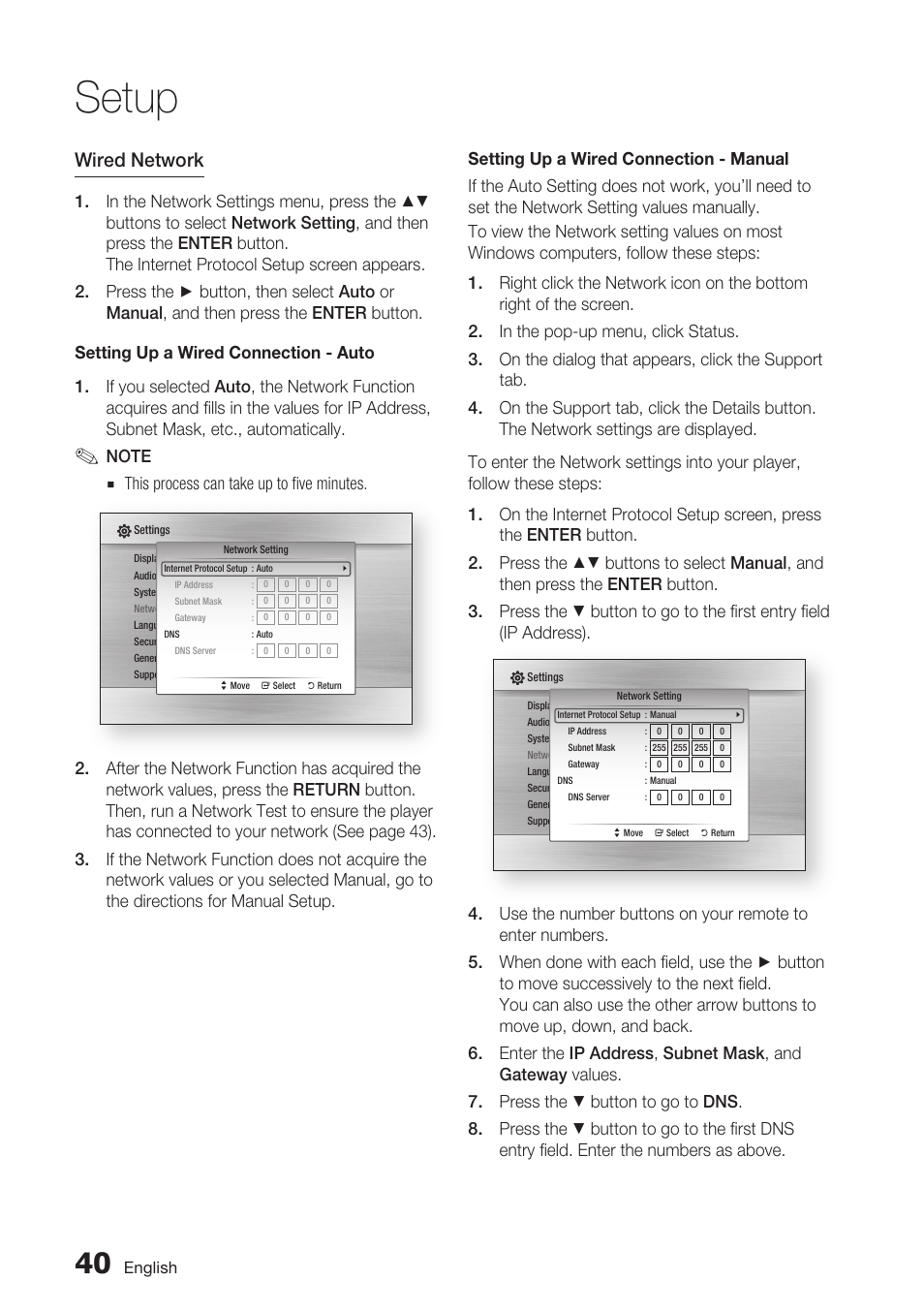 Setup, Wired network | Samsung BD-C6800-XAA User Manual | Page 40 / 74