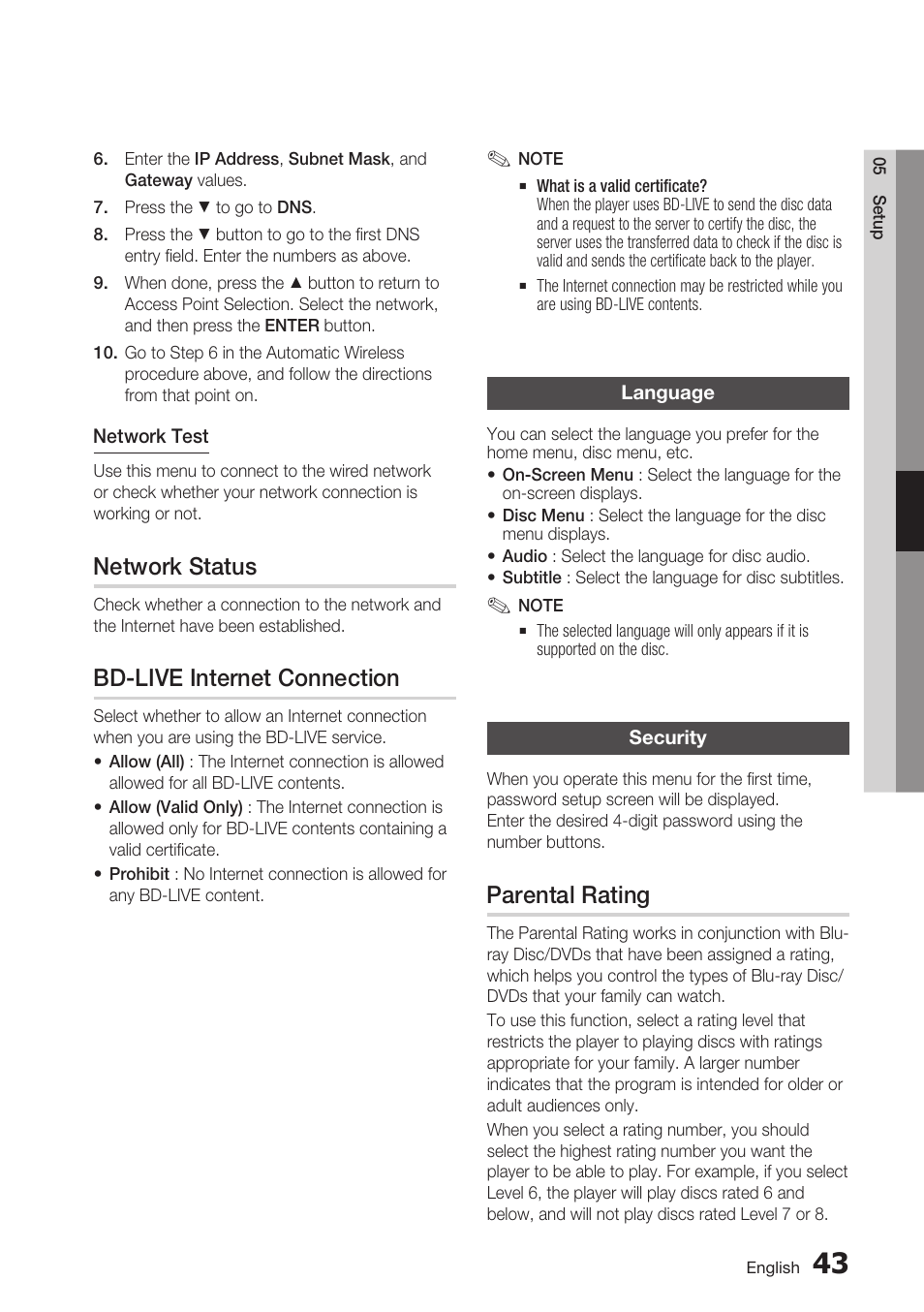 Network status, Bd-live internet connection, Language | Security, Parental rating | Samsung BD-C6800-XAA User Manual | Page 43 / 74