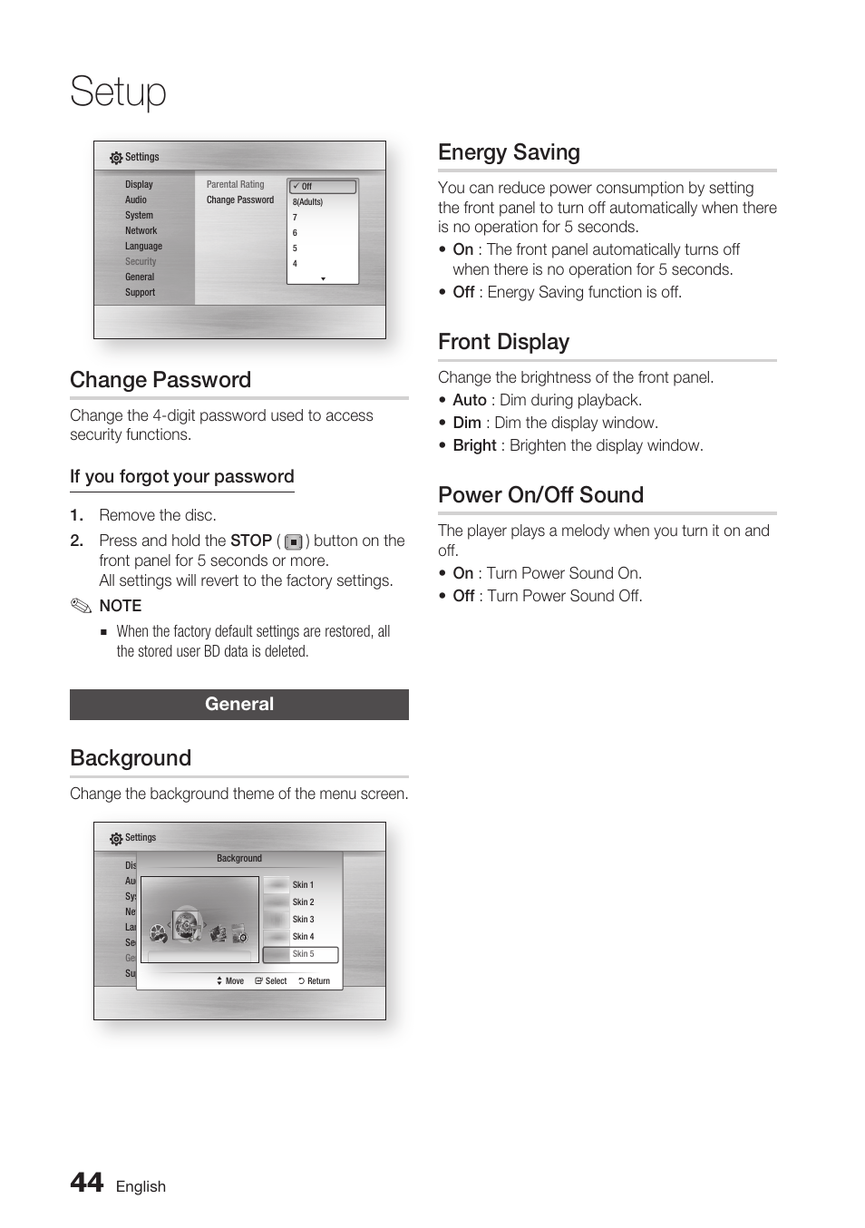 Change password, General, Background | Energy saving, Front display, Power on/off sound, Setup | Samsung BD-C6800-XAA User Manual | Page 44 / 74