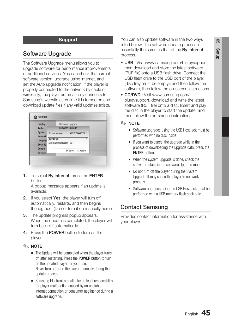 Support, Software upgrade, Contact samsung | Samsung BD-C6800-XAA User Manual | Page 45 / 74