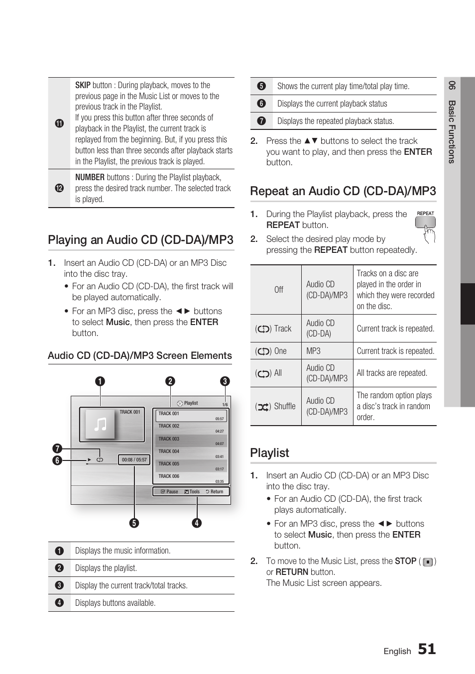 Playing an audio cd (cd-da)/mp3, Repeat an audio cd (cd-da)/mp3, Playlist | Samsung BD-C6800-XAA User Manual | Page 51 / 74