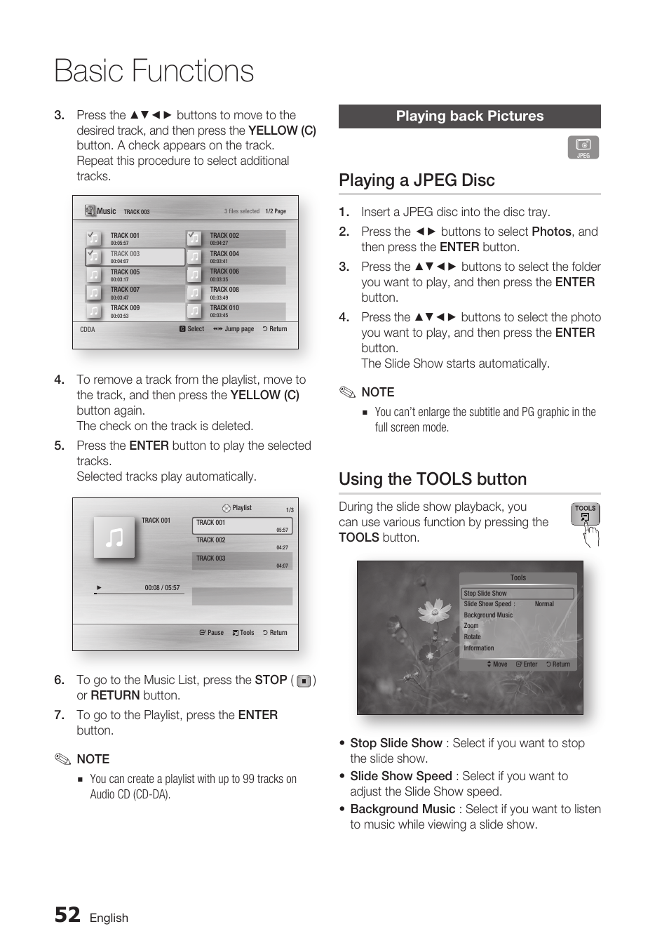 Playing back pictures, Playing a jpeg disc, Using the tools button | Basic functions | Samsung BD-C6800-XAA User Manual | Page 52 / 74