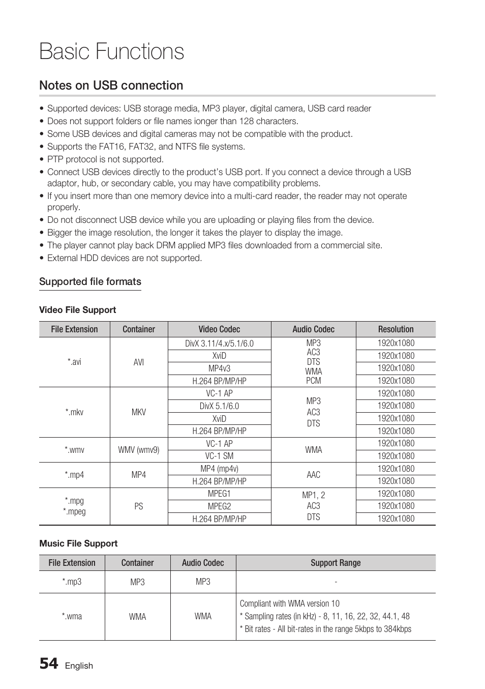 Notes on usb connection, Basic functions | Samsung BD-C6800-XAA User Manual | Page 54 / 74
