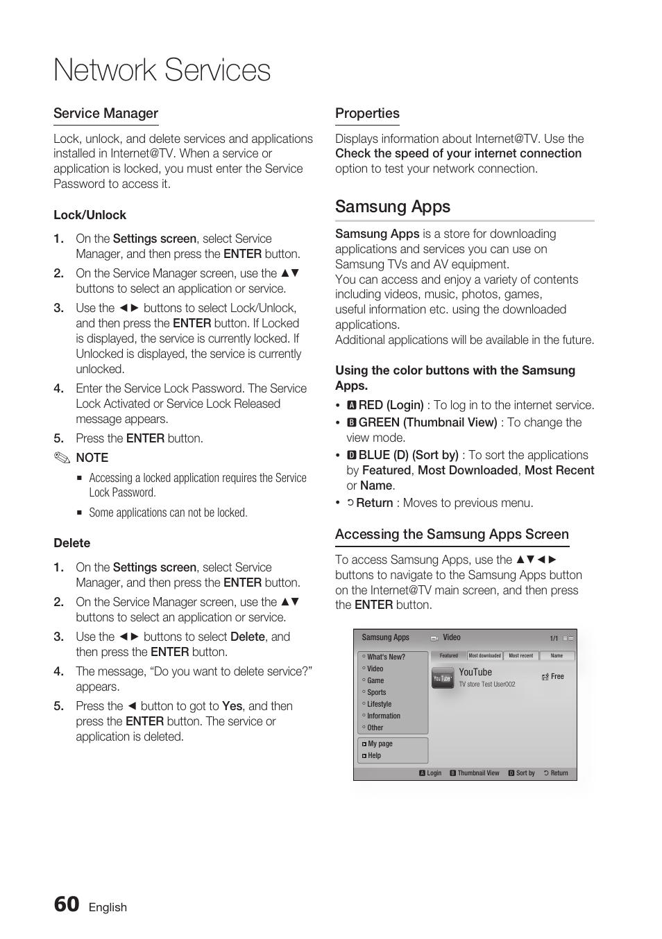 Samsung apps, Network services, Service manager | Properties, Accessing the samsung apps screen | Samsung BD-C6800-XAA User Manual | Page 60 / 74