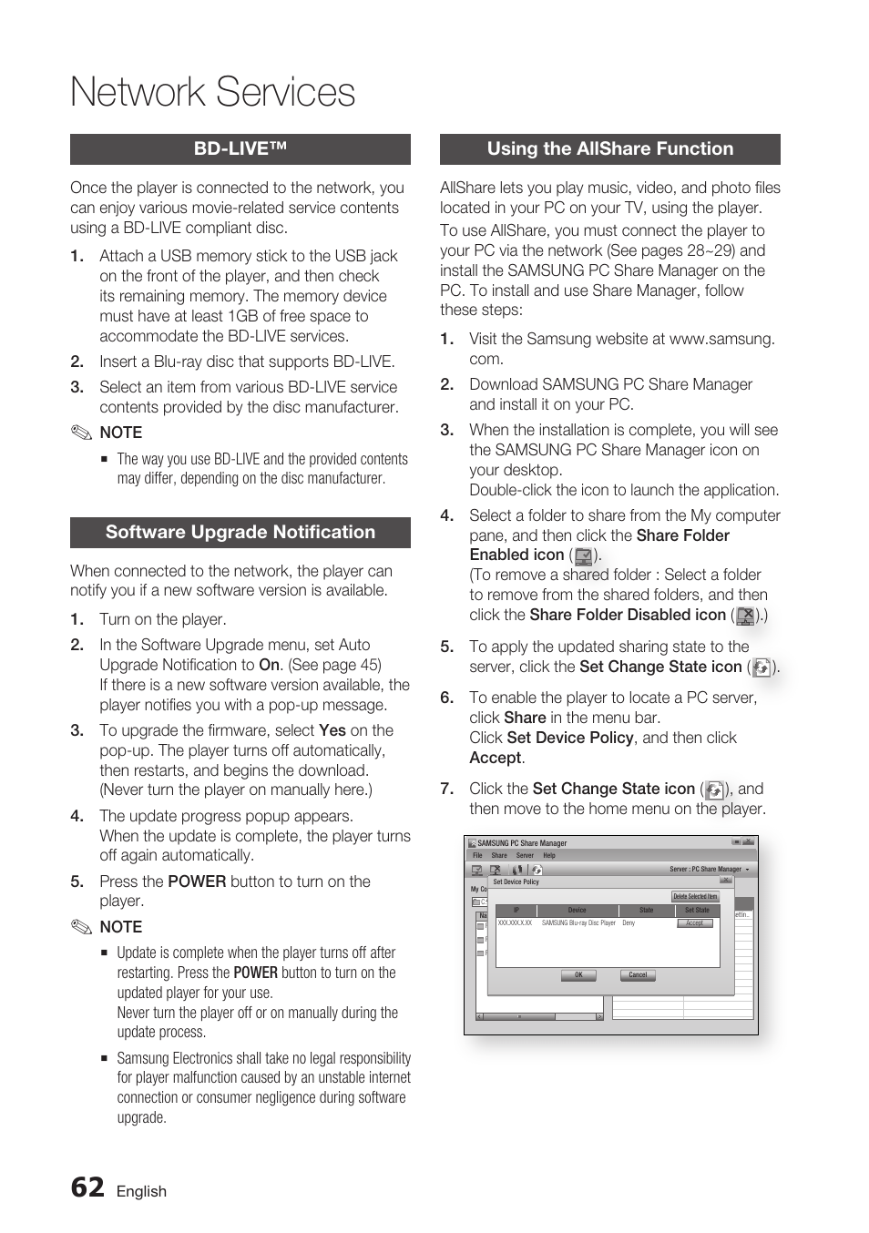 Bd-live, Software upgrade notification, Using the allshare function | Network services | Samsung BD-C6800-XAA User Manual | Page 62 / 74