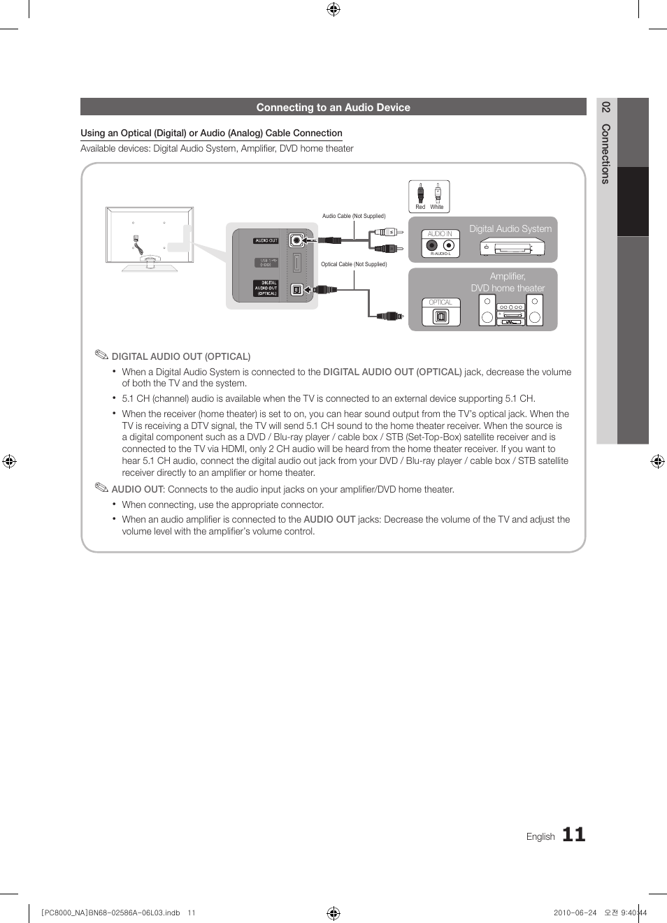 Connecting to an audio device | Samsung PN63C8000YFXZA User Manual | Page 11 / 198