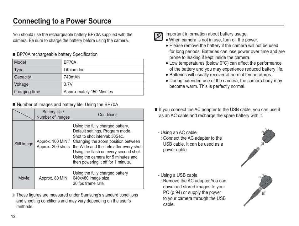 Connecting to a power source | Samsung EC-SL630ZBPSUS User Manual | Page 13 / 103