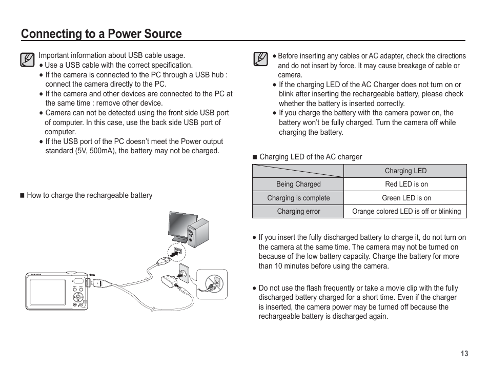 Connecting to a power source | Samsung EC-SL630ZBPSUS User Manual | Page 14 / 103