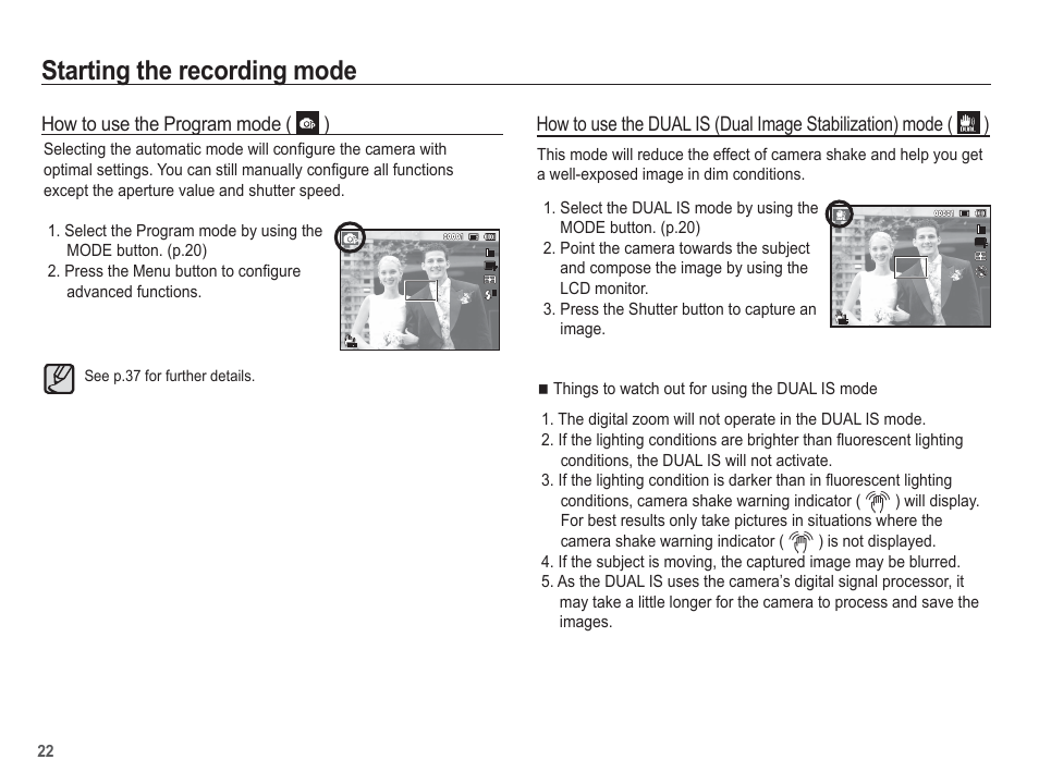 Starting the recording mode | Samsung EC-SL630ZBPSUS User Manual | Page 23 / 103