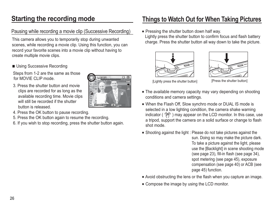 Starting the recording mode, Things to watch out for when taking pictures | Samsung EC-SL630ZBPSUS User Manual | Page 27 / 103