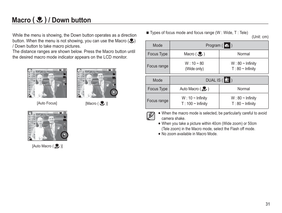 Macro ( ) / down button | Samsung EC-SL630ZBPSUS User Manual | Page 32 / 103