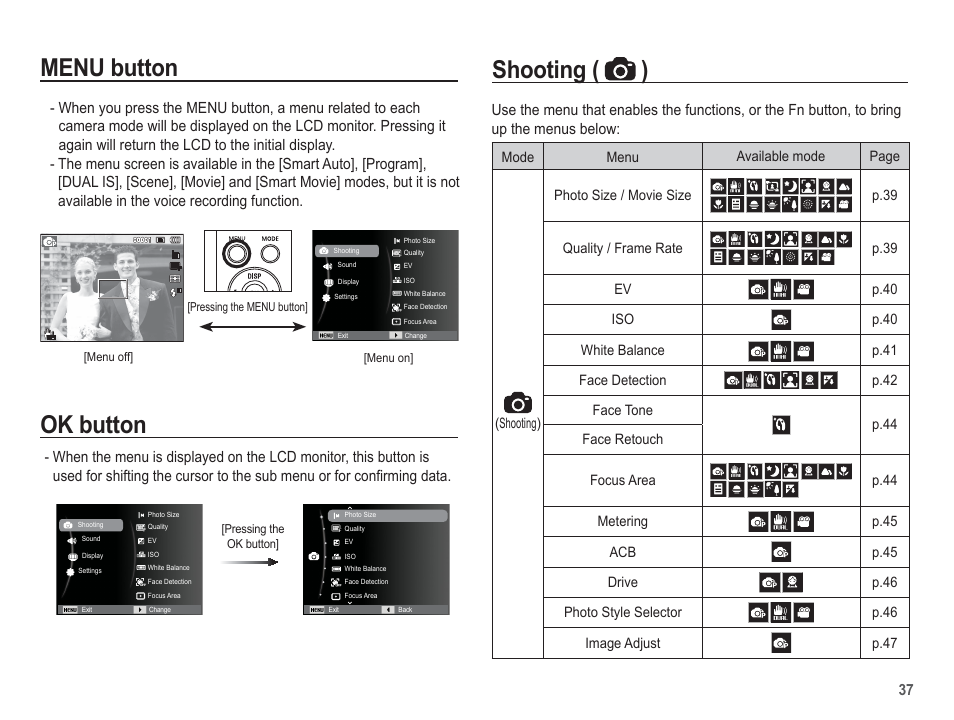 Menu button, Ok button, Shooting ( ) | Samsung EC-SL630ZBPSUS User Manual | Page 38 / 103