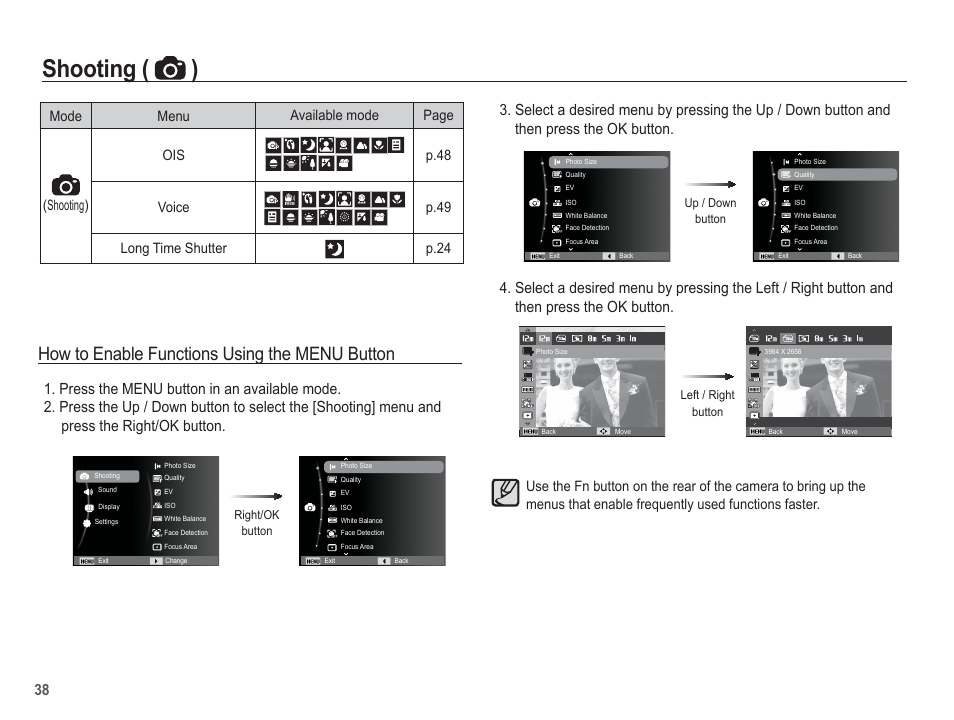 Shooting ( ), How to enable functions using the menu button | Samsung EC-SL630ZBPSUS User Manual | Page 39 / 103